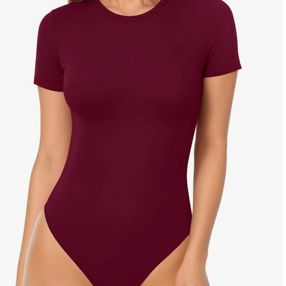 NWT Mangopop Women's Round Neck Short Sleeve Bodysuit Burgundy XL